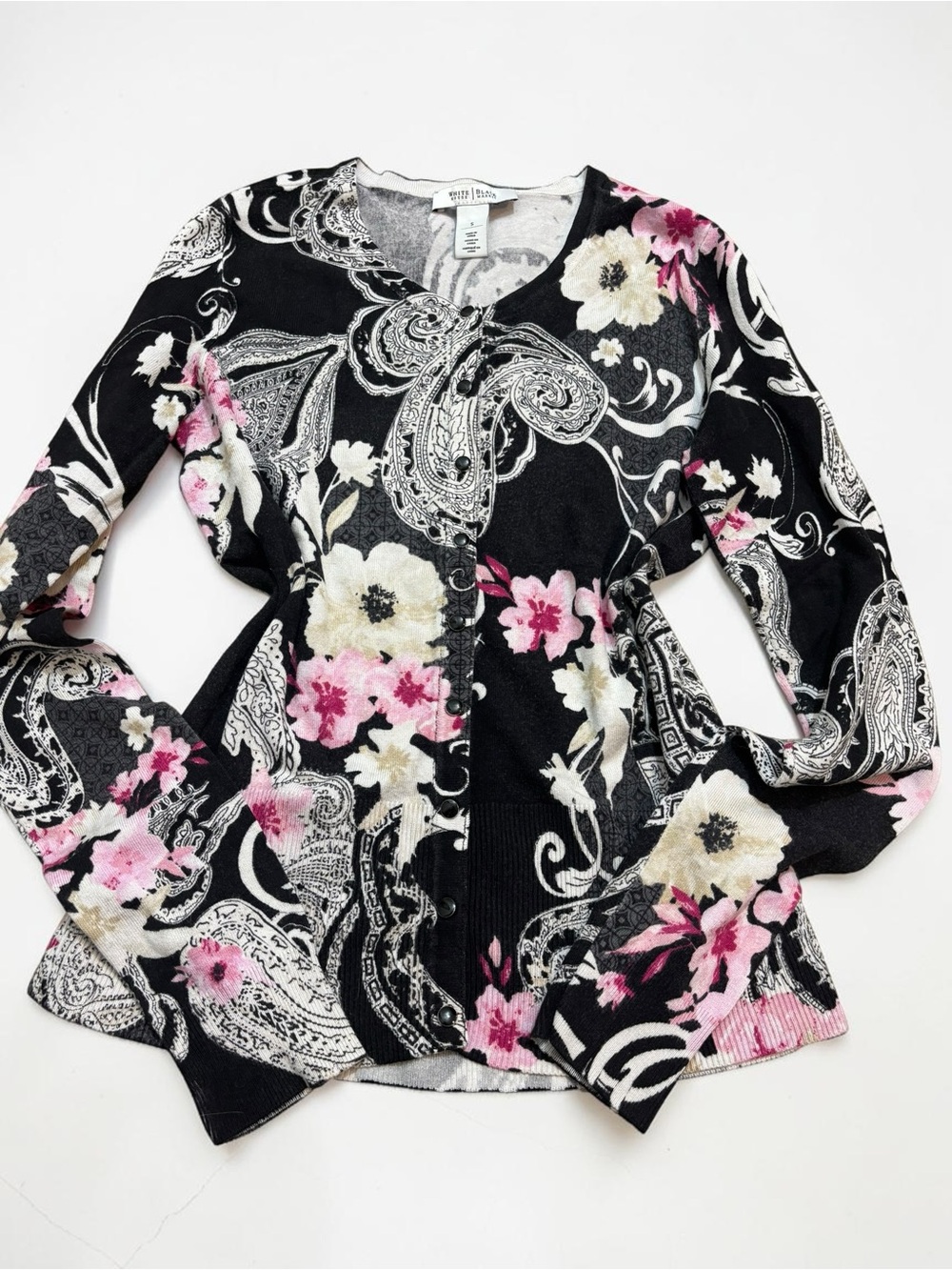 Vintage White House Black Market Floral Paisley Cardigan Sweater Small Y2K